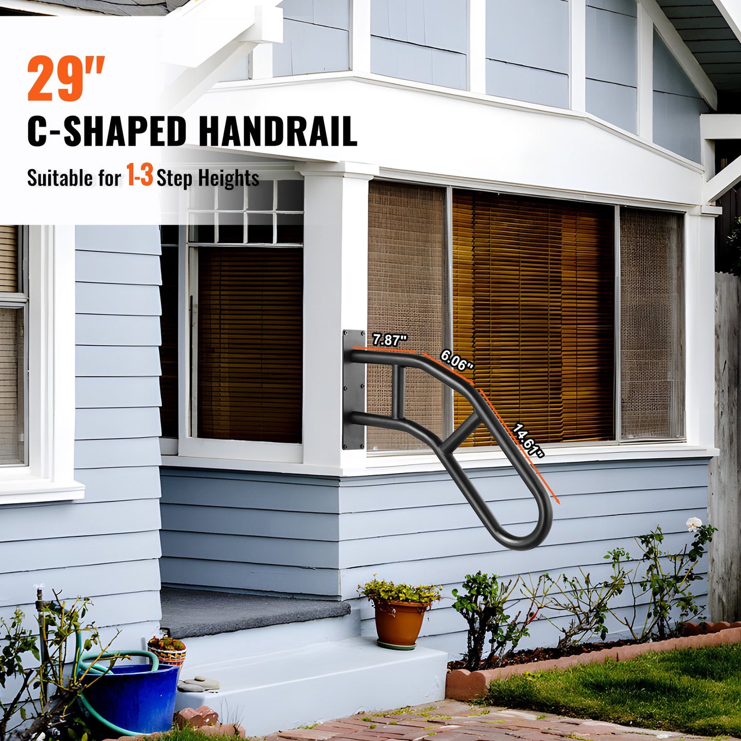 Handrails for Outdoor Steps, 29" Length Wall Mount Safety Railings for 1-3 Steps, U-Shaped Handrail with Matte Black Finished, Stair Handrails for Kids, Elderly, Pregnant Women, Disabled
