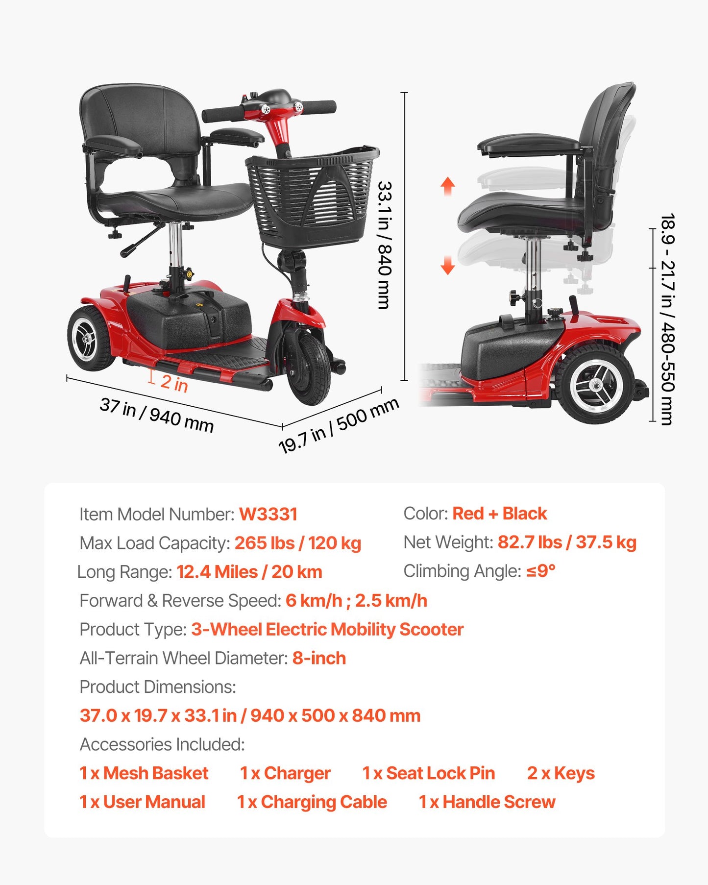 3-Wheel Electric Mobility Scooter for Adult & Seniors, Foldable Mobility Scooter with 20KM Long Range, All Terrain Travel Wheelchair with Anti-slip Wheels, 9° Climbing Capacity & 120kg Loading