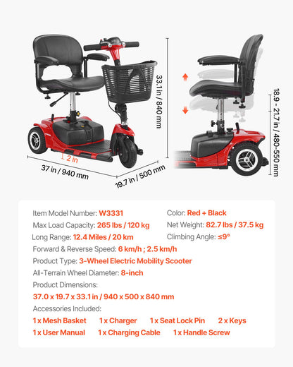 3-Wheel Electric Mobility Scooter for Adult & Seniors, Foldable Mobility Scooter with 20KM Long Range, All Terrain Travel Wheelchair with Anti-slip Wheels, 9° Climbing Capacity & 120kg Loading