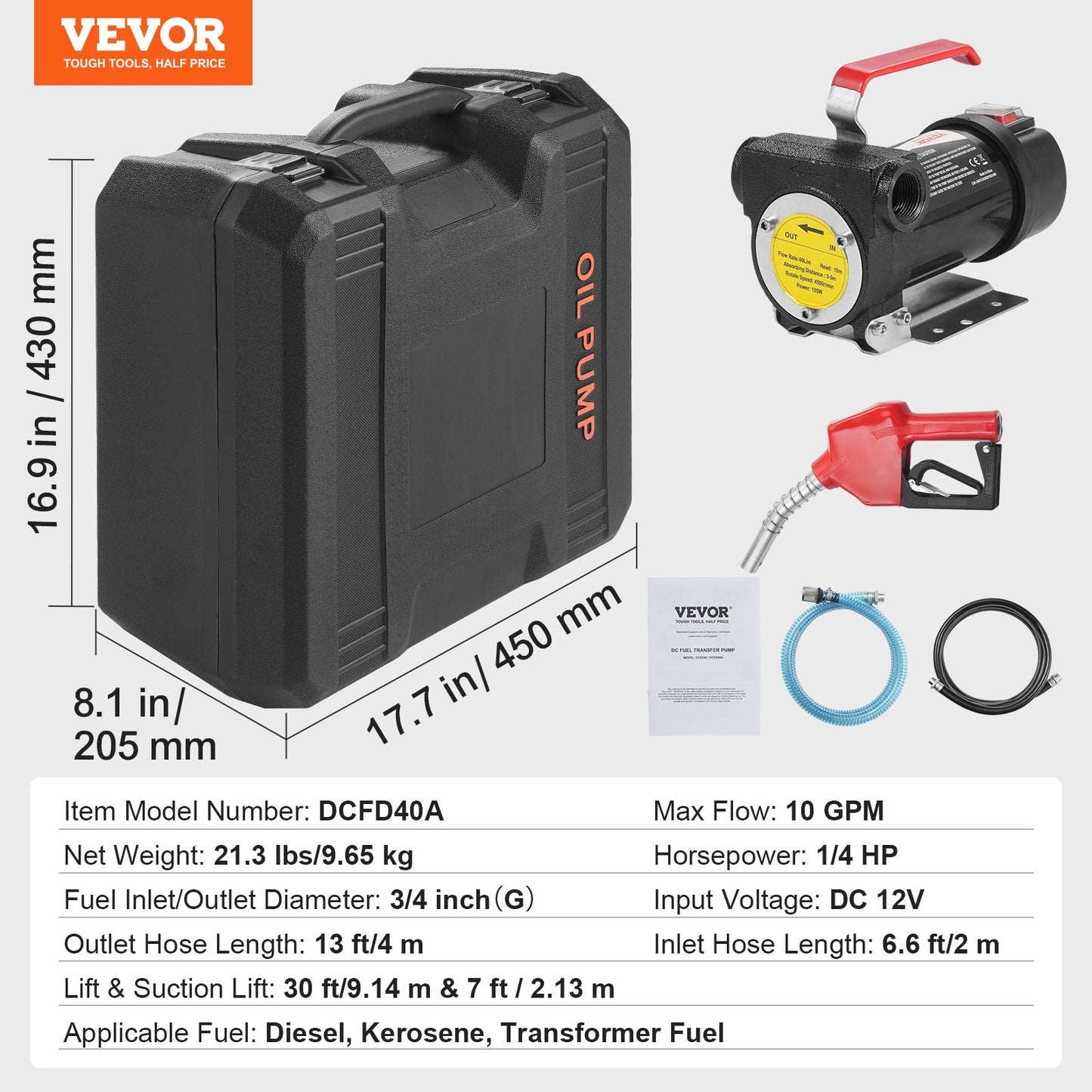 Fuel Transfer Pump, 12V DC 38 L/min(10 GPM) 186W(1/4 HP), Portable Electric Diesel Transfer Pump with Automatic Shut-Off Fuel Nozzle, High Flow, Long Inlet & Outlet Hose for Diesel, Kerosene, Transformer Fuel