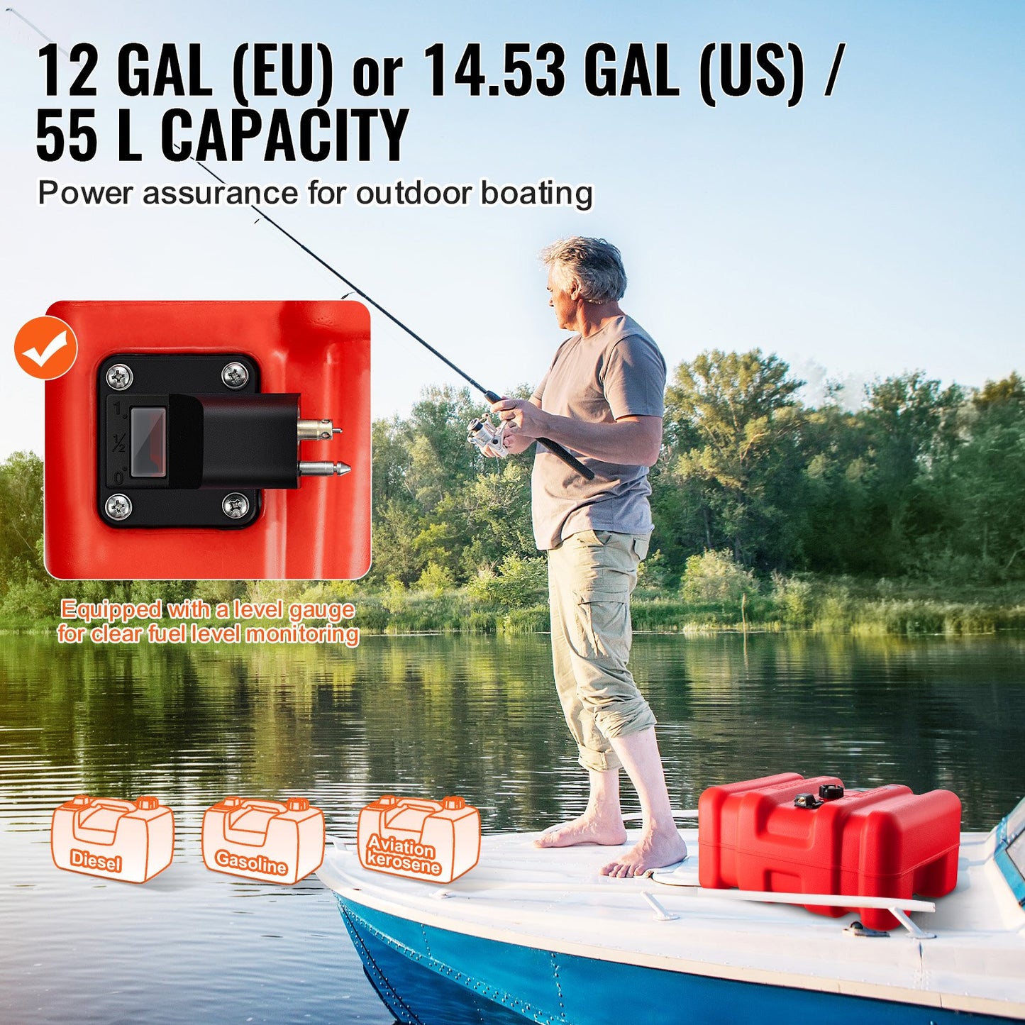 Marine Fuel Tank, 14.53 Gallon/55L, Portable Boat Fuel Gas Tank for Outboard Engine Boats, Plastic Outboard Marine Boat Fuel Tank with Hose, Easy to Carry for Yacht, Fishing Boat, Deck Boat, Red