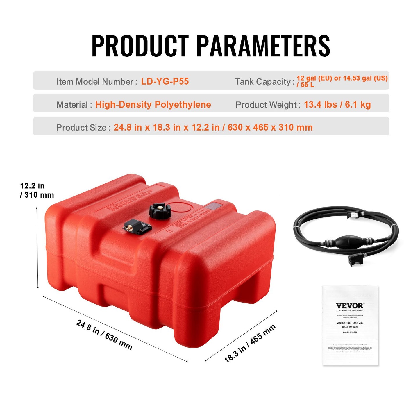 Marine Fuel Tank, 14.53 Gallon/55L, Portable Boat Fuel Gas Tank for Outboard Engine Boats, Plastic Outboard Marine Boat Fuel Tank with Hose, Easy to Carry for Yacht, Fishing Boat, Deck Boat, Red