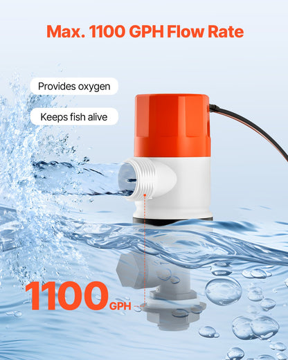 Djurbrunnspump för båt, 12V 69 L/min (1100 GPH) Rak djurbrunnsluftare med dubbelt inlopp, ABA-hölje och avtagbar motorpatron, korrosionsbeständig djurbrunns-/betesbrunnspump för sötvatten och saltvatten