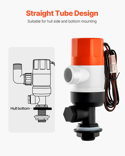 Djurbrunnspump för båt, 12V 69 L/min (1100 GPH) Rak djurbrunnsluftare med dubbelt inlopp, ABA-hölje och avtagbar motorpatron, korrosionsbeständig djurbrunns-/betesbrunnspump för sötvatten och saltvatten