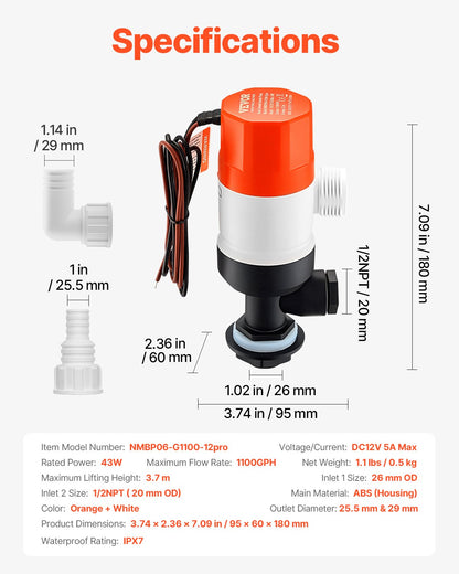 Djurbrunnspump för båt, 12V 69 L/min (1100 GPH) Rak djurbrunnsluftare med dubbelt inlopp, ABA-hölje och avtagbar motorpatron, korrosionsbeständig djurbrunns-/betesbrunnspump för sötvatten och saltvatten