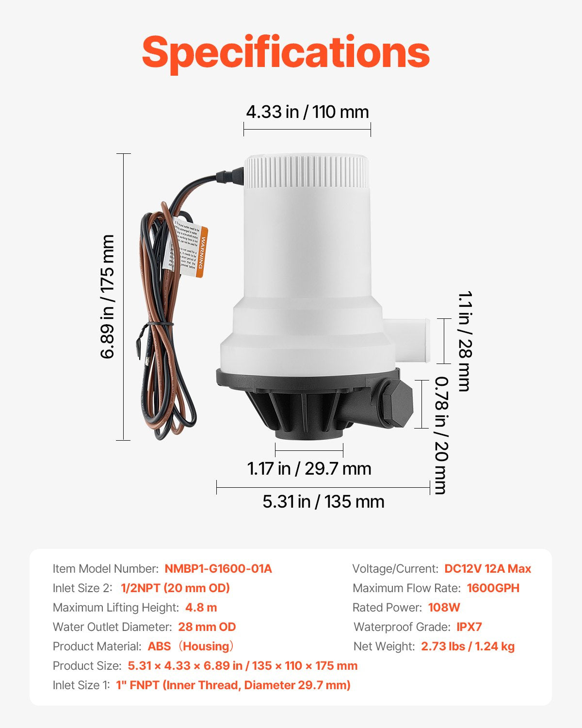 Djurbrunnspump för båt, 12V 101 L/min (1600 GPH) Rak djurbrunnsluftare med dubbelt inlopp, ABA-hölje och avtagbar motorpatron, korrosionsbeständig djurbrunns-/betesbrunnspump för sötvatten och saltvatten