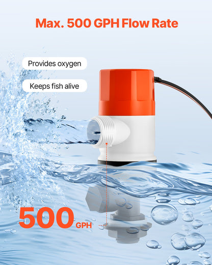 Djurbrunnspump för båt, 12V 32 L/min (500 GPH) Rak djurbrunnsluftare med dubbla inlopp, ABA-hölje och avtagbar motorpatron, korrosionsbeständig djurbrunns-/betesbrunnspump för sötvatten och saltvatten