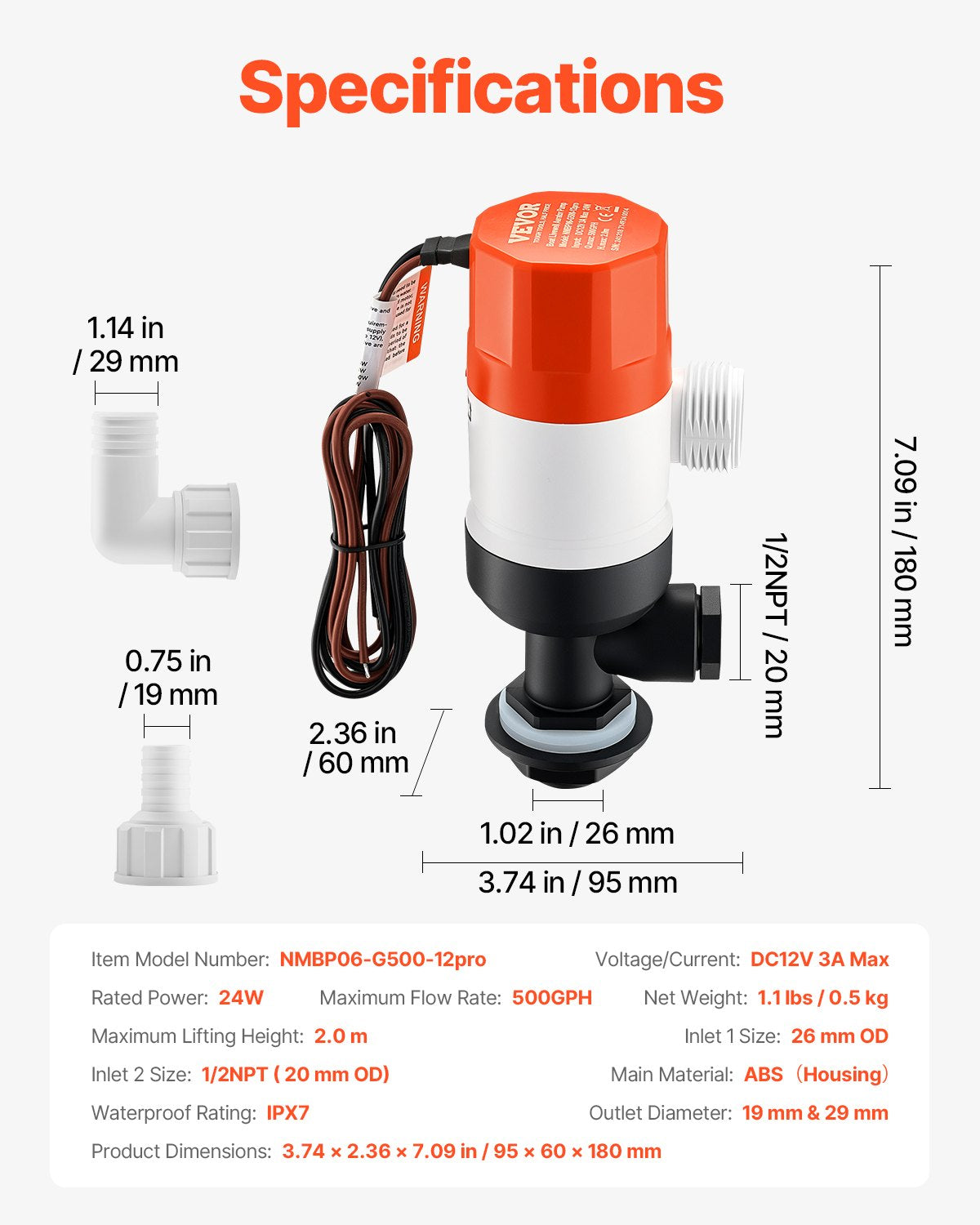 Djurbrunnspump för båt, 12V 32 L/min (500 GPH) Rak djurbrunnsluftare med dubbla inlopp, ABA-hölje och avtagbar motorpatron, korrosionsbeständig djurbrunns-/betesbrunnspump för sötvatten och saltvatten