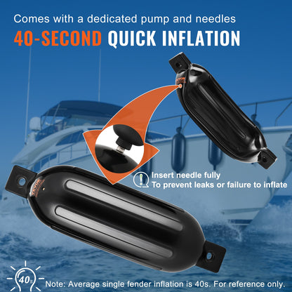Boat Fenders, 14 cm x 51 cm Boat Bumpers for Docking, Inflatable Ribbed Fender with Center Holes, Marine Boat Dock Fender Bumper with Air Pump, 4 Needles and 4 Ropes and Storage Bag, Black