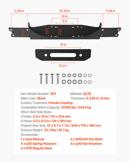 Winch Mount, Winch Capacity of 12000 lbs / 5443 kg, Trailer Hitch Winch Mount for Select Jeep Wrangler JL/JLU & Gladiator JT Model (2018-2023), 2 Mounting Hole Design, Powder Coated Steel, Black