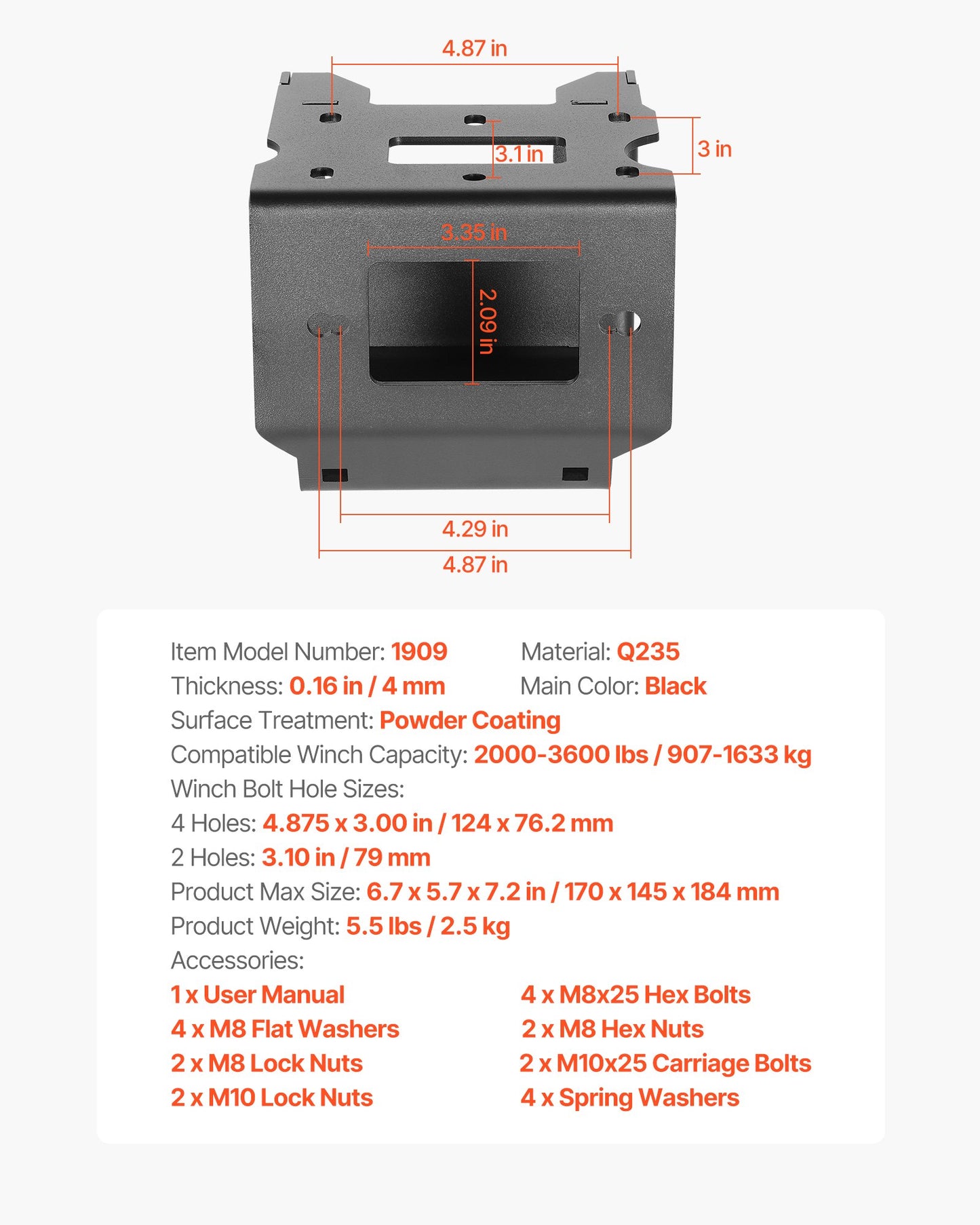 Vinschfäste, vinschkapacitet 907–1633 kg, vinschfäste för dragkrok för utvalda Polaris Sportsman-modeller (2009 och senare), design med 2 monteringshål, pulverlackerat stål, lämplig för ökenräddning