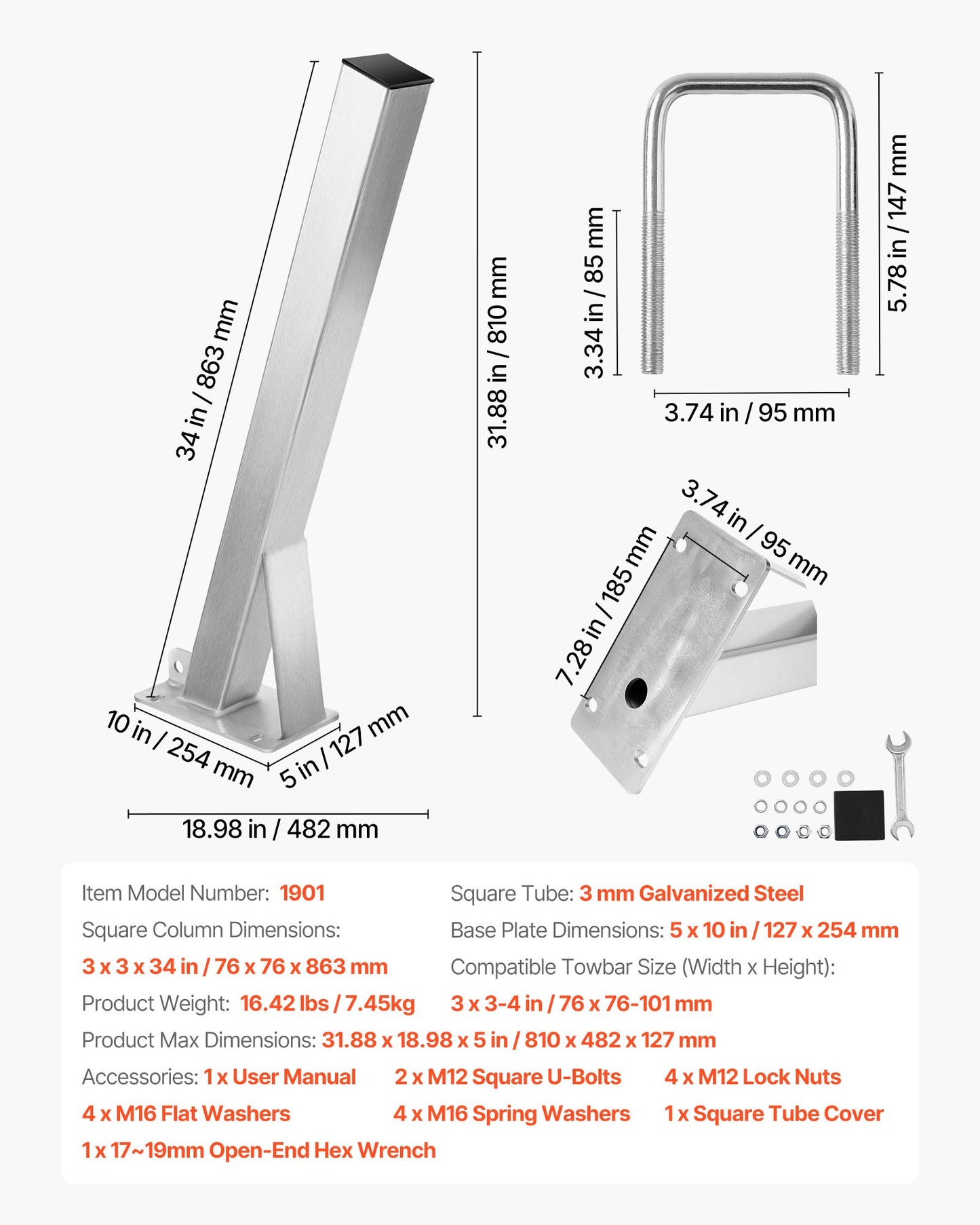 Vinschstativ för båttrailer, 76 x 76 x 863 mm vinschstolpar, båtvinschfäste med U-bultar för 76 mm B x 76-101 mm H trailertunga, galvaniserad, lämplig för vattenskoter, segelbåt, fiskebåt, motorbåt