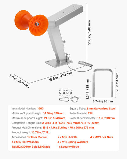 Boat Trailer Winch Stand with Roller, Adjustable Height 365-548 mm, Boat Winch Mount with U-Bolts for 50.8-76.2 mm W x 76.2-101.6 mm H Trailer Tongue, Fit for Jet Ski, Sailboat, Speedboat