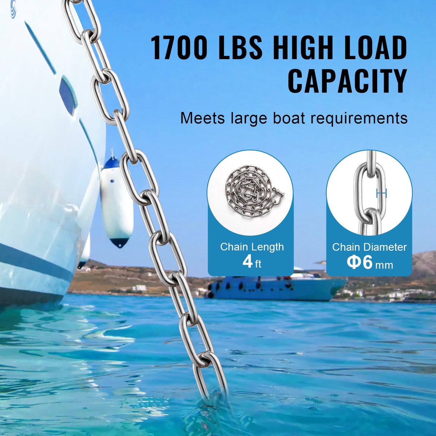 Boat Anchor Chain, 1/4" x 4', 1700 lbs. WLL/4800 lbs. BS, 316 Stainless Steel Marine Grade Anchor Lead Chain with Dual Lock Ring Shackles for Boats, Deck, Fishing, Works with Different Anchors