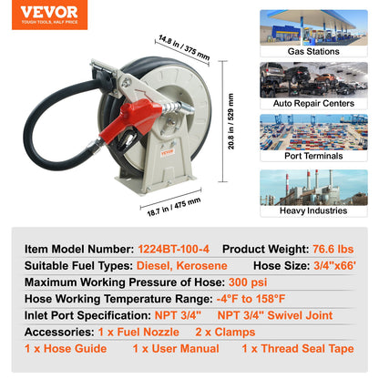 Fuel Hose Reel, 19.05 mm x 20.12 m, Extra Long Retractable Diesel Hose Reel, Heavy-Duty Carbon Steel Construction with Automatic Fuel Nozzle, NBR Rubber Hose for Aircraft Ship Vehicle Tank Truck, 20.68 bar