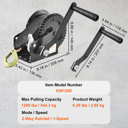 Hand Winch, 544.3 kg Pulling Capacity, Boat Trailer Winch Heavy Duty Rope Crank with 701 cm Polyester Strap and Two-Way Ratchet, Manual Operated Hand Crank Winch for Trailer, Boat or ATV Towing