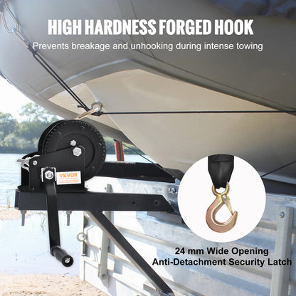 Handvinsch, 725,7 kg dragkapacitet, båttrailervinsch Kraftig repvev med 1005,8 cm polyesterrem och tvåvägs spärrhake, manuellt manövrerad handvevvinsch för bogsering av släpvagn, båt eller ATV