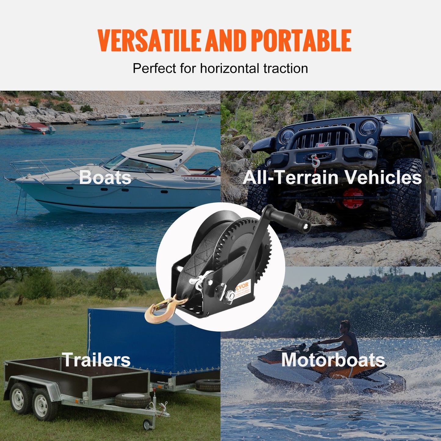 Handvinsch, 725,7 kg dragkapacitet, båttrailervinsch Kraftig repvev med 1005,8 cm polyesterrem och tvåvägs spärrhake, manuellt manövrerad handvevvinsch för bogsering av släpvagn, båt eller ATV