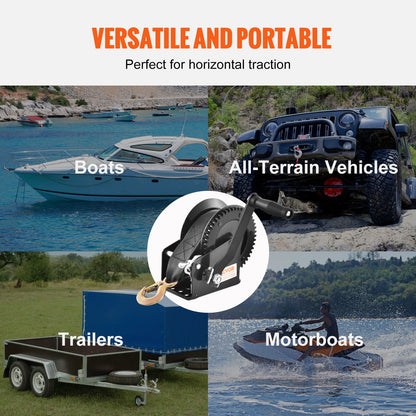 Handvinsch, 725,7 kg dragkapacitet, båttrailervinsch Kraftig repvev med 1005,8 cm polyesterrem och tvåvägs spärrhake, manuellt manövrerad handvevvinsch för bogsering av släpvagn, båt eller ATV