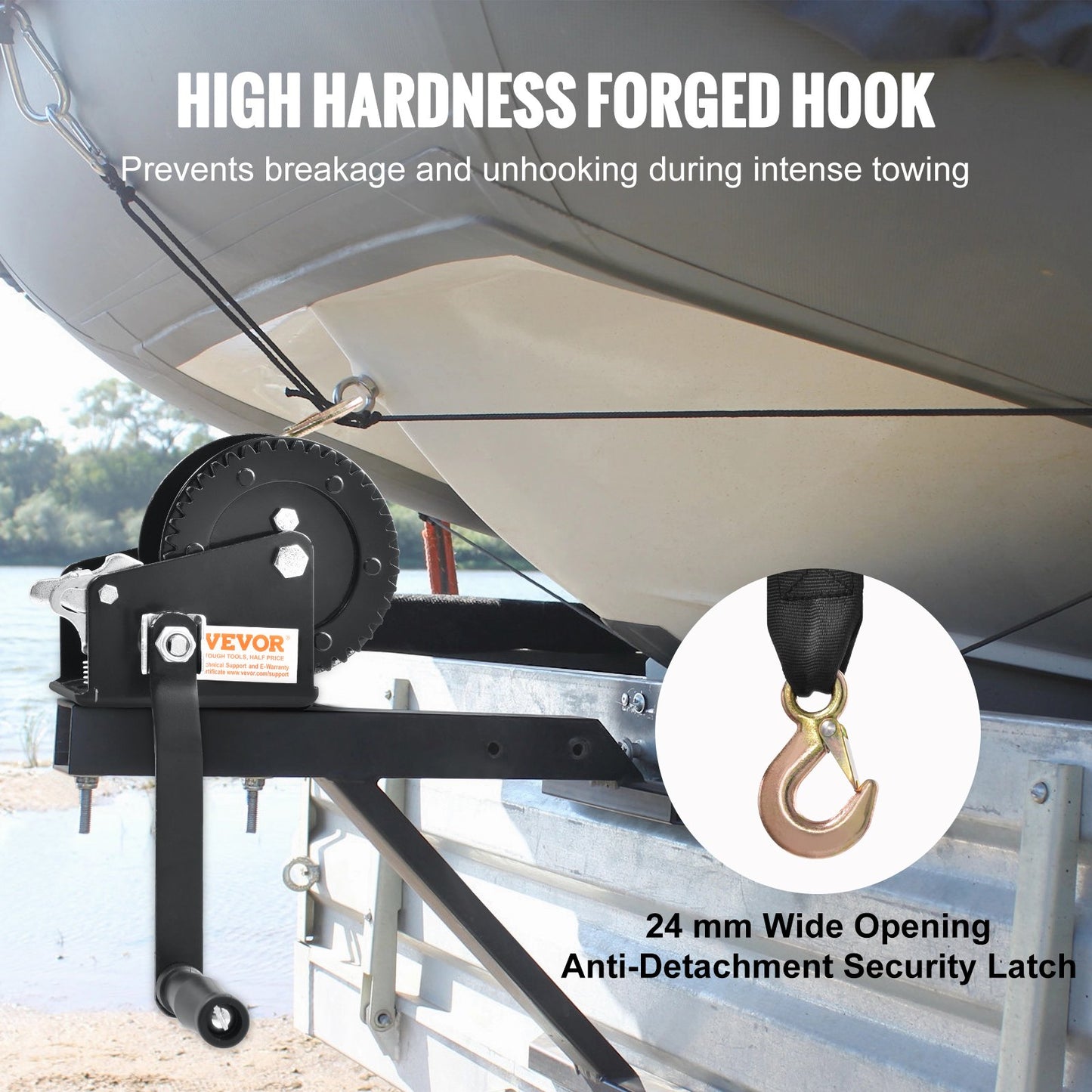 Hand Winch, 2000 lbs Pulling Capacity, Boat Trailer Winch Heavy Duty Rope Crank with 23 ft Polyester Strap and Two-Way Ratchet, Manual Operated Hand Crank Winch for Trailer, Boat or ATV Towing