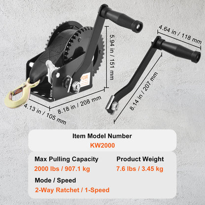Hand Winch, 2000 lbs Pulling Capacity, Boat Trailer Winch Heavy Duty Rope Crank with 23 ft Polyester Strap and Two-Way Ratchet, Manual Operated Hand Crank Winch for Trailer, Boat or ATV Towing