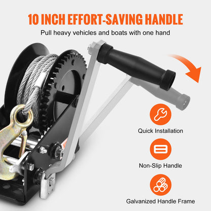 Hand Winch, 1587.6 kg Pulling Capacity, Boat Trailer Winch Heavy Duty Rope Crank with 1005.8 cm Steel Wire Cable and Two-Way Ratchet, Manual Operated Hand Crank Winch for Trailer, Boat or ATV Towing