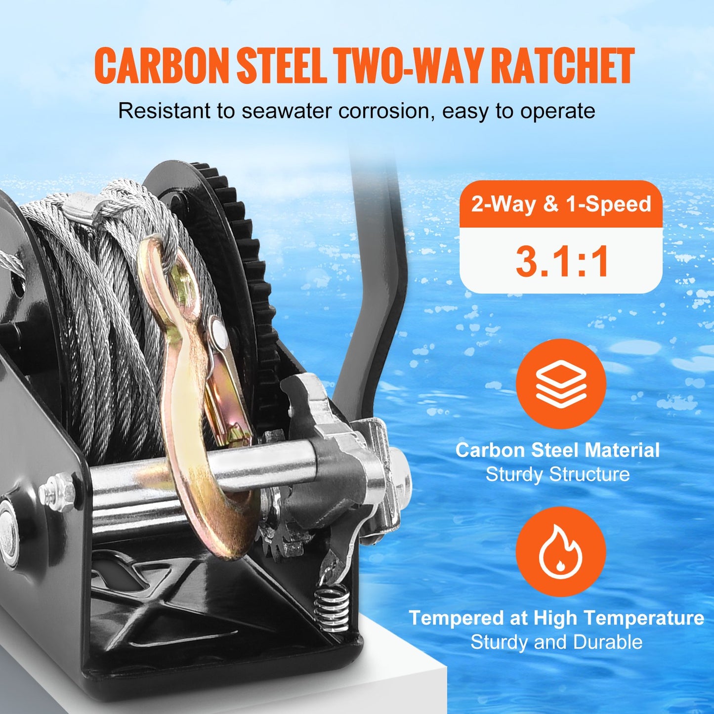 Hand Winch, 362.9 kg Pulling Capacity, Boat Trailer Winch Heavy Duty Rope Crank with 1005.8 cm Steel Wire Cable and Two-Way Ratchet, Manual Operated Hand Crank Winch for Trailer, Boat or ATV Towing