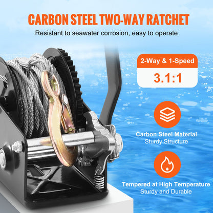Hand Winch, 362.9 kg Pulling Capacity, Boat Trailer Winch Heavy Duty Rope Crank with 1005.8 cm Steel Wire Cable and Two-Way Ratchet, Manual Operated Hand Crank Winch for Trailer, Boat or ATV Towing