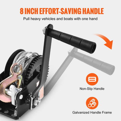 Hand Winch, 362.9 kg Pulling Capacity, Boat Trailer Winch Heavy Duty Rope Crank with 1005.8 cm Steel Wire Cable and Two-Way Ratchet, Manual Operated Hand Crank Winch for Trailer, Boat or ATV Towing