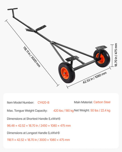 Boat Trailer Dolly, 420lbs Load Capacity, Carbon Steel Trailer Mover with Adjustable Length, 15.7 in Pneumatic Tires and Nonslip Support Bracket, for Moving Kayak Motorboat Fishing Boat