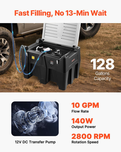 Bärbar dieseltank, 484,5 liters kapacitet och flödeshastighet på 10 GPM, bensintank med 12V elektrisk överföringspump och 4m gummislang, PE-dieselöverföringstankar för enkel bränsletransport, svart