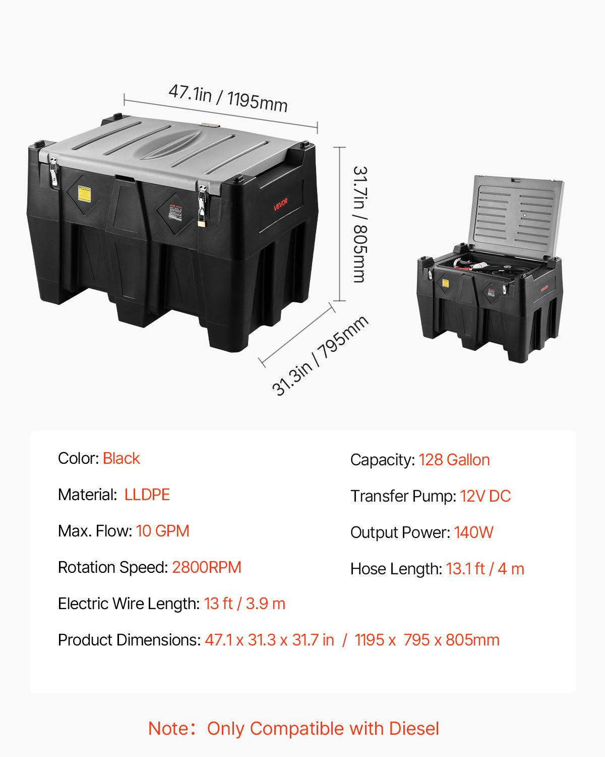 Bärbar dieseltank, 484,5 liters kapacitet och flödeshastighet på 10 GPM, bensintank med 12V elektrisk överföringspump och 4m gummislang, PE-dieselöverföringstankar för enkel bränsletransport, svart