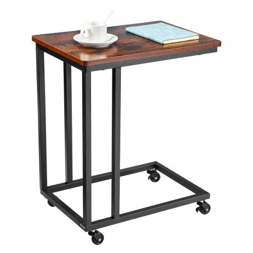 C-bord, C-format soffbord med metallram och hjul, bärbart C-format ändstativ för vardagsrum, sovrum, kontor, 19,69 x 13,78 x 23,82 tum laptop-sidobord, brunt och svart