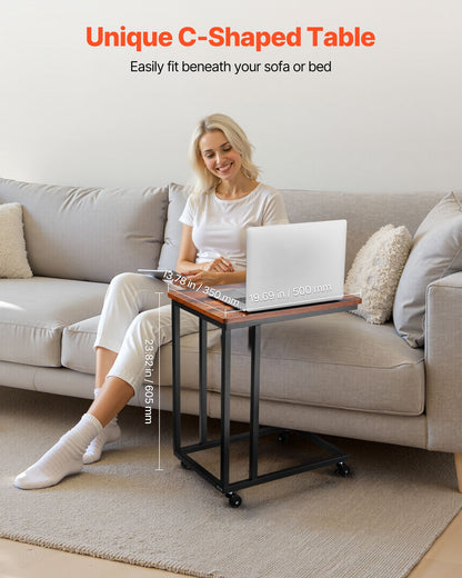 C Table, C Shaped Sofa Side Table with Metal Frame Rolling Casters, Portable C Shaped End Stand for Living Room Bedroom Office, 19.69 x 13.78 x 23.82 inches Laptop Side Tables, Brown and Black