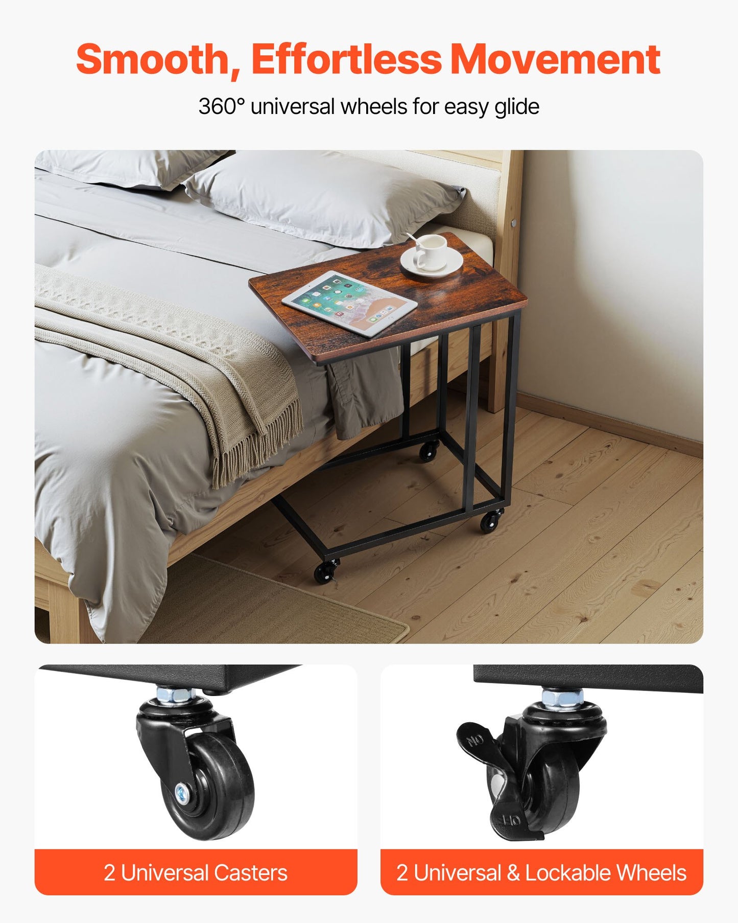 C-bord, C-format soffbord med metallram och hjul, bärbart C-format ändstativ för vardagsrum, sovrum, kontor, 19,69 x 13,78 x 23,82 tum laptop-sidobord, brunt och svart