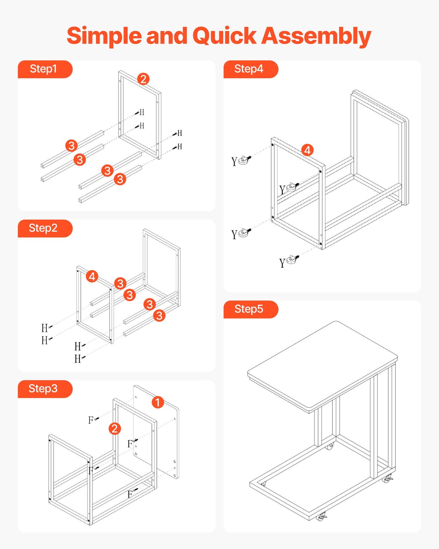C-bord, C-format soffbord med metallram och hjul, bärbart C-format ändstativ för vardagsrum, sovrum, kontor, 19,69 x 13,78 x 23,82 tum laptop-sidobord, brunt och svart