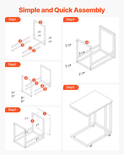 C-bord, C-format soffbord med metallram och hjul, bärbart C-format ändstativ för vardagsrum, sovrum, kontor, 19,69 x 13,78 x 23,82 tum laptop-sidobord, brunt och svart