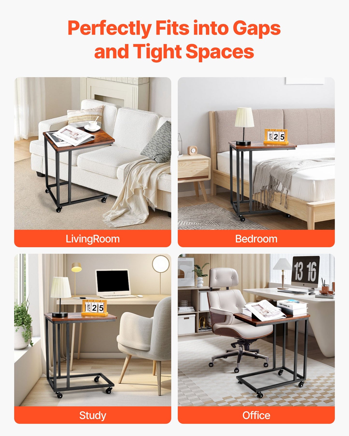 C Table, C Shaped Sofa Side Table with Metal Frame Rolling Casters, Portable C Shaped End Stand for Living Room Bedroom Office, 19.69 x 13.78 x 23.82 inches Laptop Side Tables, Brown and Black