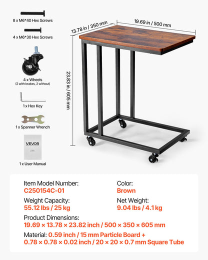 C-bord, C-format soffbord med metallram och hjul, bärbart C-format ändstativ för vardagsrum, sovrum, kontor, 19,69 x 13,78 x 23,82 tum laptop-sidobord, brunt och svart