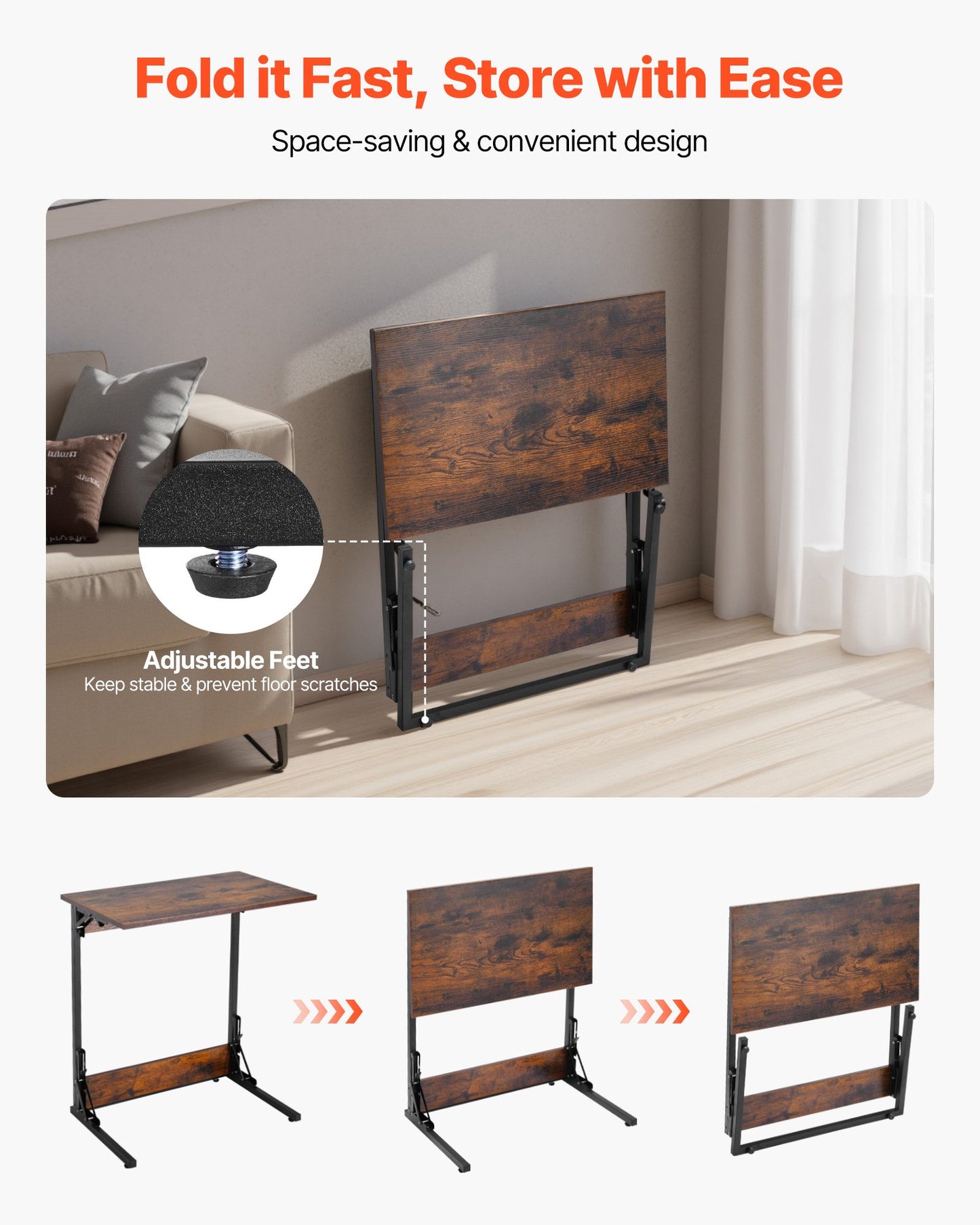 C Table, Folding C Shaped End Table with Metal Frame & Adjustable Feet, Foldable C Shaped Side Table for Living Room Bedroom Office, 23.62 x 14.57 x 27.56 inch C Shaped TV Tray, Brown and Black