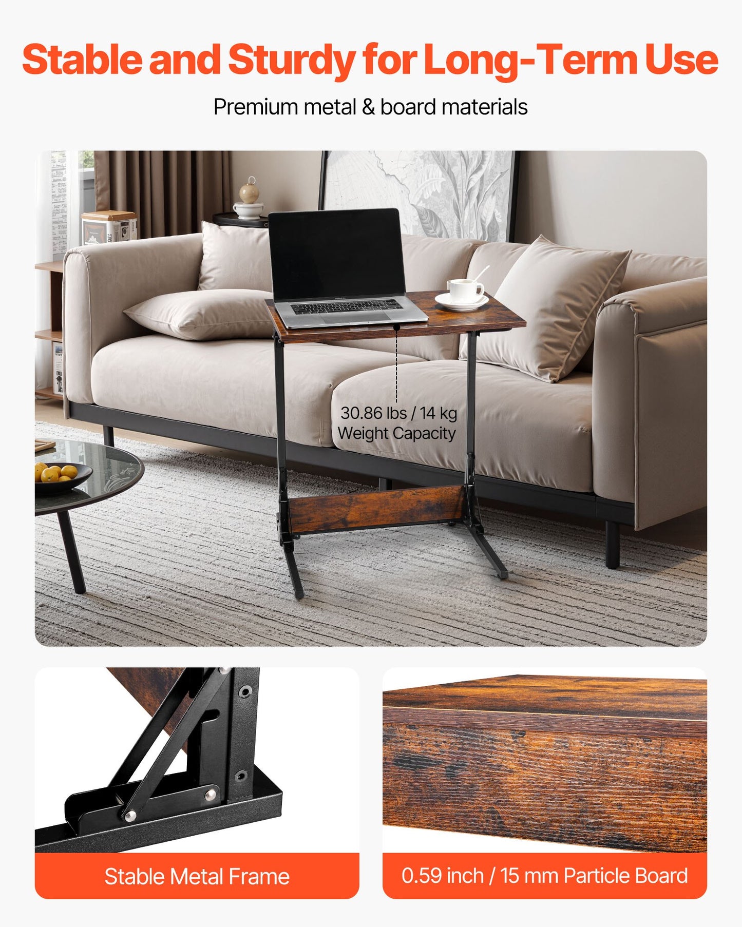 C Table, Folding C Shaped End Table with Metal Frame & Adjustable Feet, Foldable C Shaped Side Table for Living Room Bedroom Office, 23.62 x 14.57 x 27.56 inch C Shaped TV Tray, Brown and Black