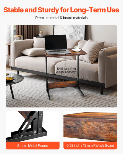 C Table, Folding C Shaped End Table with Metal Frame & Adjustable Feet, Foldable C Shaped Side Table for Living Room Bedroom Office, 23.62 x 14.57 x 27.56 inch C Shaped TV Tray, Brown and Black