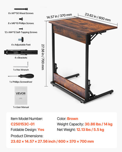 C Table, Folding C Shaped End Table with Metal Frame & Adjustable Feet, Foldable C Shaped Side Table for Living Room Bedroom Office, 23.62 x 14.57 x 27.56 inch C Shaped TV Tray, Brown and Black