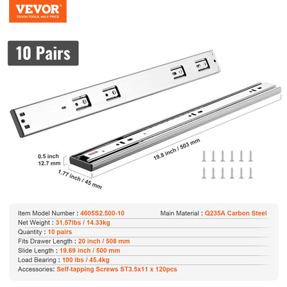 10 Pairs of 508mm Drawer Slides Side Mount Rails, Heavy Duty Full Extension Steel Track, Soft-Close Noiseless Guide Glides Cabinet Kitchen Runners with Ball Bearing, 100 Lbs Load Capacity
