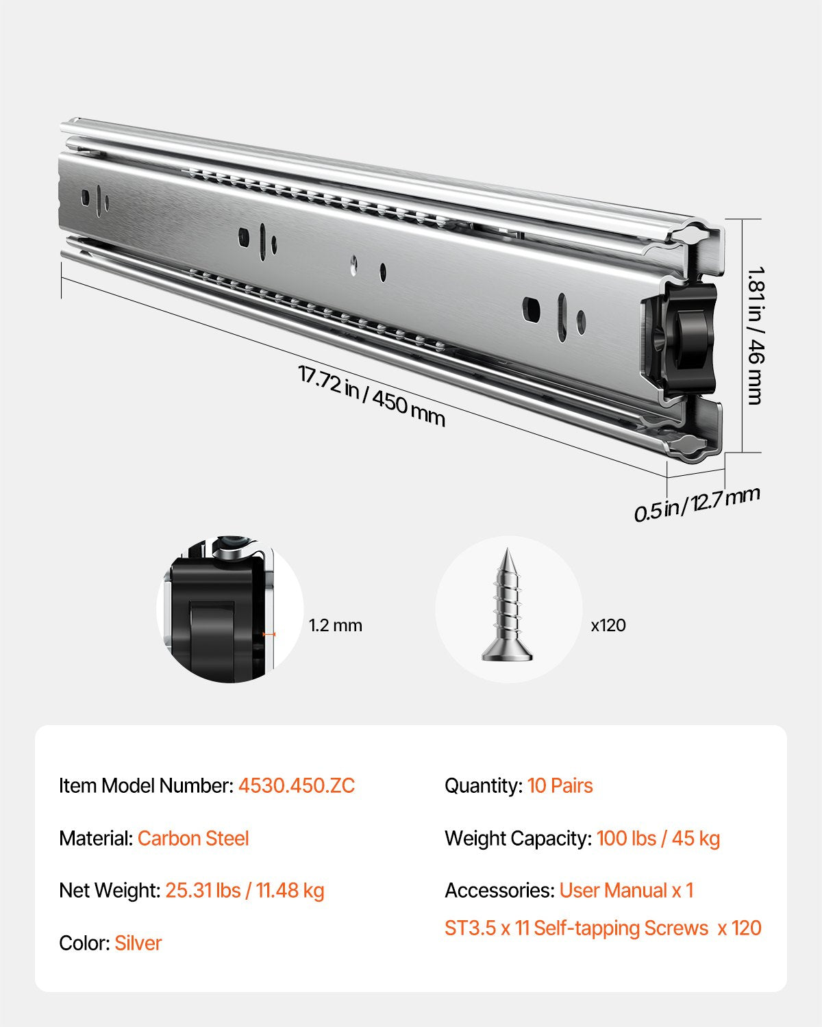 Drawer Slides, 18 inch, 10 Pairs Full Extension Ball Bearing Cabinet Rails, 100 LB Load Capacity Heavy Duty Side Mount Dresser Drawer Slides, Drawer Track Runners for Kitchen DIY Replacement