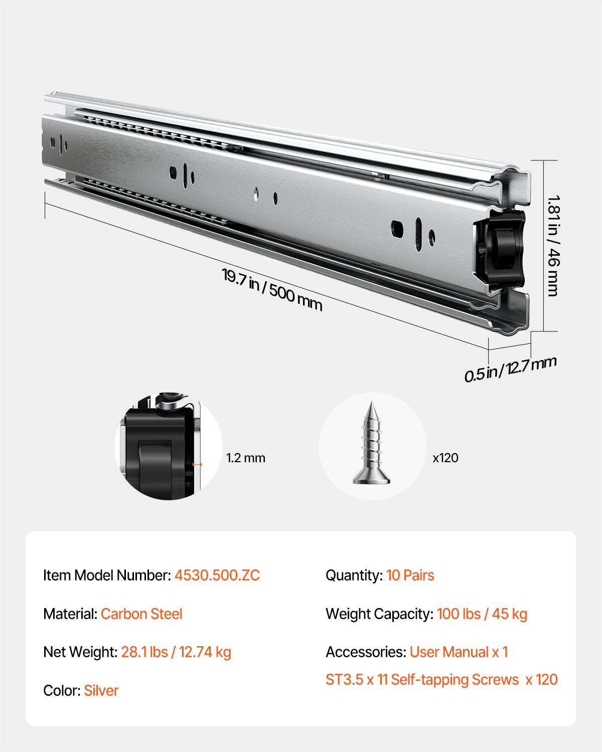 Drawer Slides, 20 inch, 10 Pairs Full Extension Ball Bearing Cabinet Rails, 100 LB Load Capacity Heavy Duty Side Mount Dresser Drawer Slides, Drawer Track Runners for Kitchen DIY Replacement
