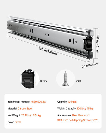 Drawer Slides, 20 inch, 10 Pairs Full Extension Ball Bearing Cabinet Rails, 100 LB Load Capacity Heavy Duty Side Mount Dresser Drawer Slides, Drawer Track Runners for Kitchen DIY Replacement