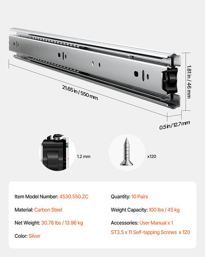 Lådskenor, 22 tum, 10 par fullutdragbara kullagerskenor för skåp, 100 LB lastkapacitet kraftiga sidomonterade byråskenor, lådskena för kök gör-det-själv-byte