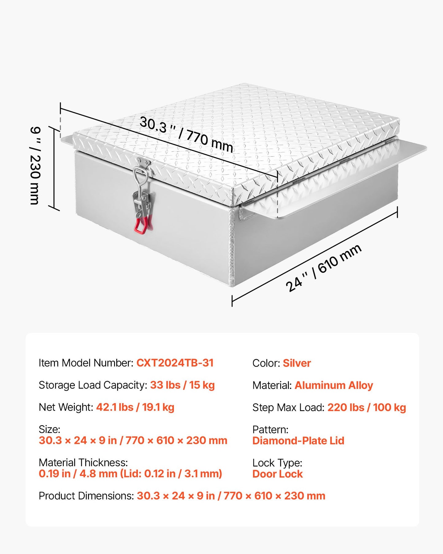 Truck Bed Tool Box, Heavy Duty Aluminum Tool Box with Diamond Plate, Storage Toolbox Chest Organizer Supports up to 100 kg, Ideal for Pickup, Truck Bed, RV, Trailer, 770 x 610 x 230 mm, Silver