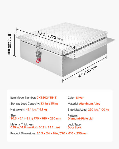 Truck Bed Tool Box, Heavy Duty Aluminum Tool Box with Diamond Plate, Storage Toolbox Chest Organizer Supports up to 100 kg, Ideal for Pickup, Truck Bed, RV, Trailer, 770 x 610 x 230 mm, Silver